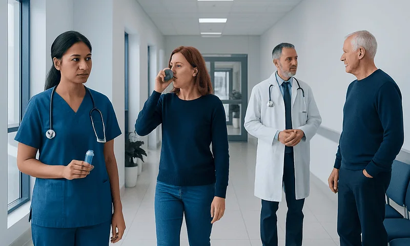 Medical professionals and patient in hospital corridor discussing health.