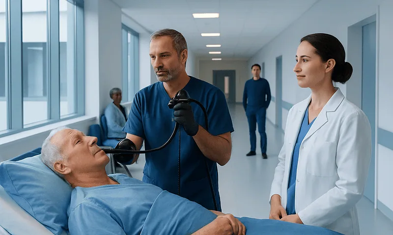 Doctor performs bronchoscopy on elderly patient in hospital corridor.
