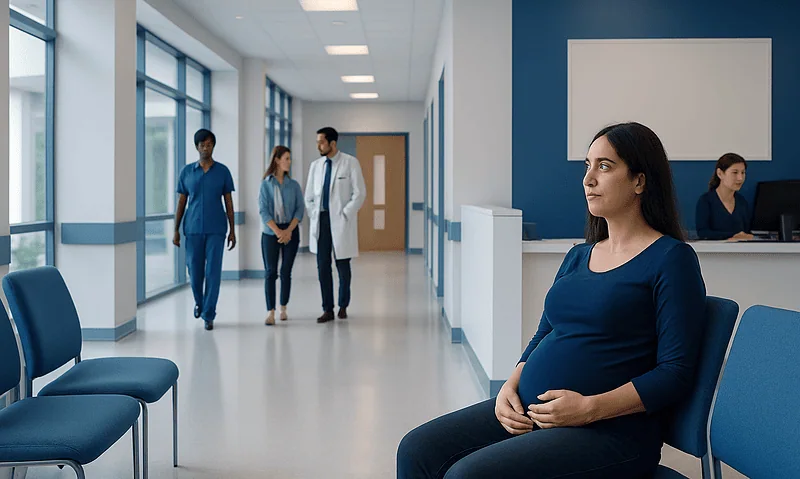 Pregnant woman waiting in hospital corridor with medical staff nearby.