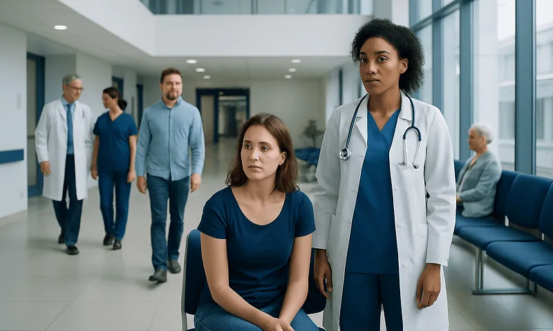 Medical consultation in hospital corridor with doctor and patient.