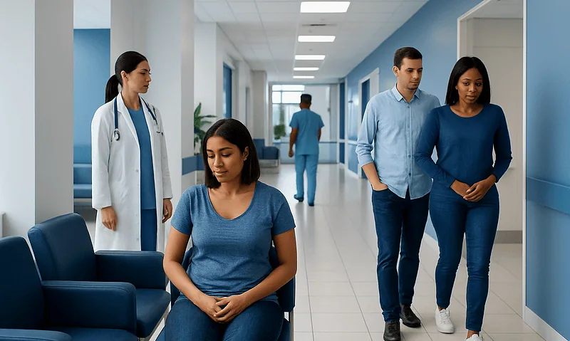 Medical consultation with patients in hospital corridor at Acibadem Hospitals Group.