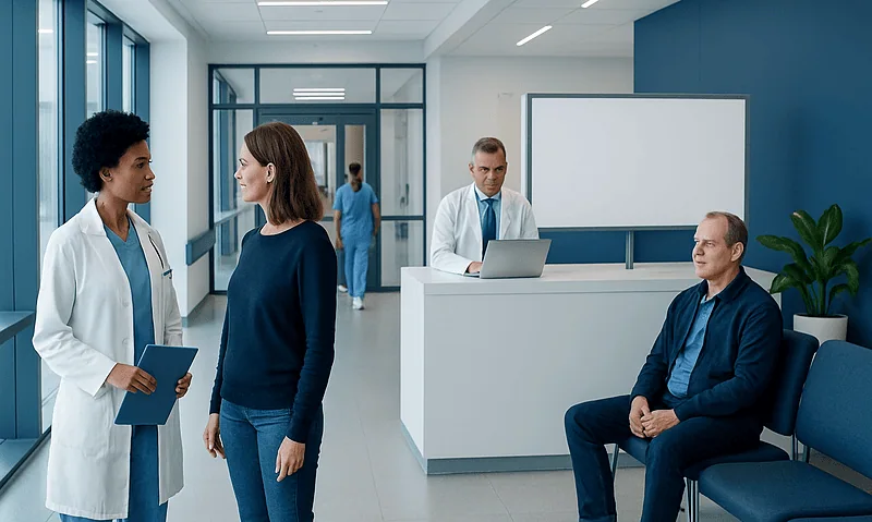 Medical professionals and patient in hospital corridor at Acibadem Hospitals Group.