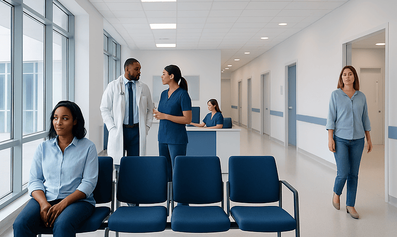 Medical professionals and patients in a modern hospital corridor.