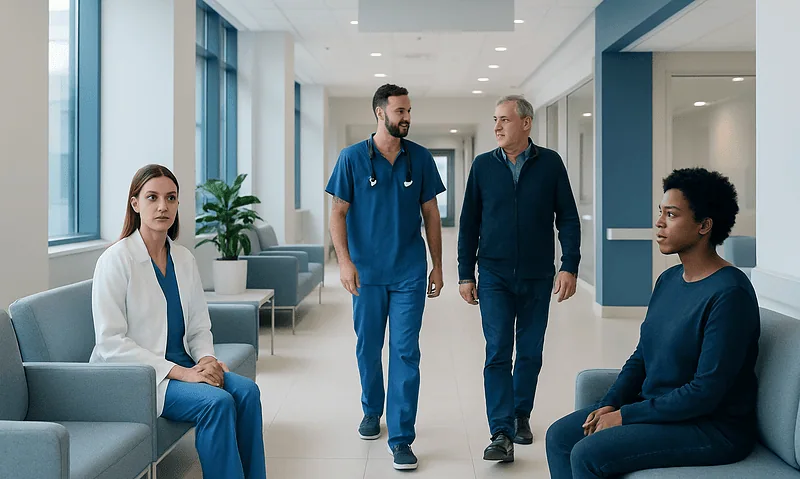 Medical staff and patients in a hospital corridor at Acibadem Hospitals Group.