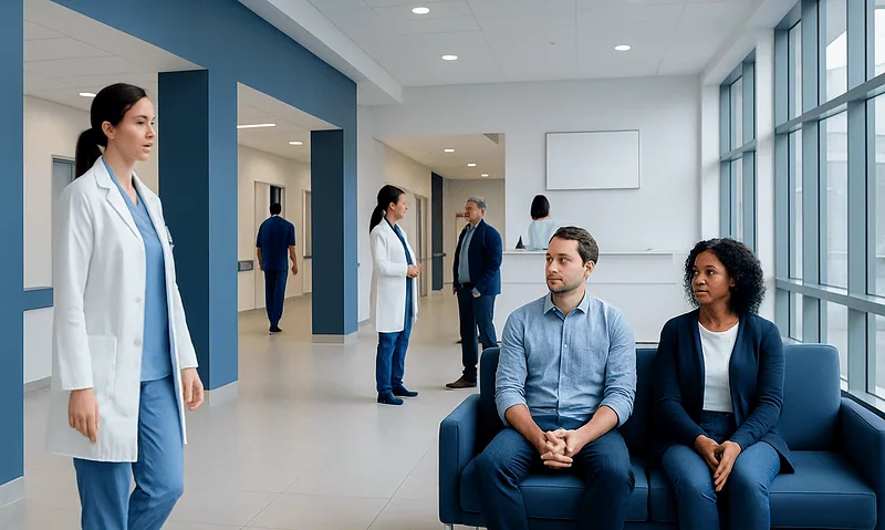 Hospital waiting area with medical staff and patients.