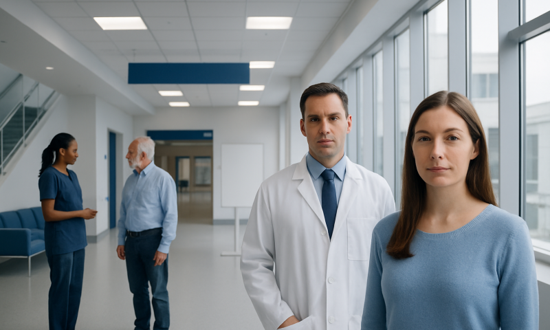 Medical professionals in a hospital corridor with patients in the background.