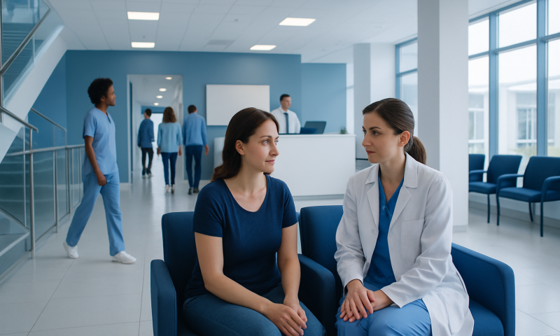 Doctor consulting with patient in hospital waiting area.