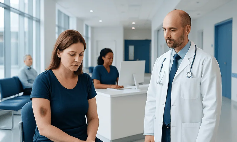 Patient with bruises consulting a doctor in a hospital corridor.