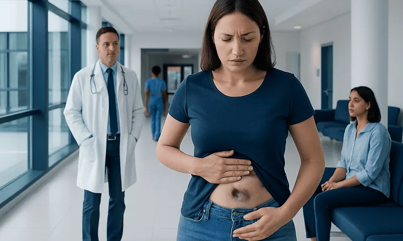 Woman with stomach pain in hospital corridor with doctor and patient.