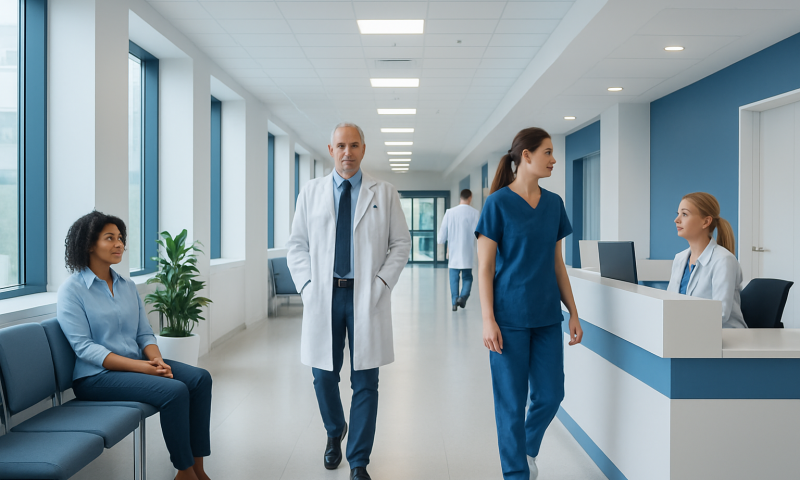 Modern hospital corridor with medical staff and patient seating area.