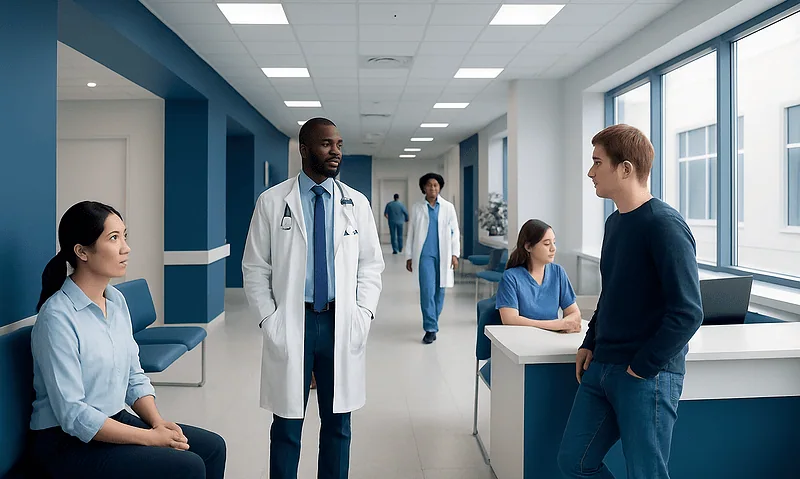 Medical consultation in a modern hospital corridor with diverse healthcare professionals.