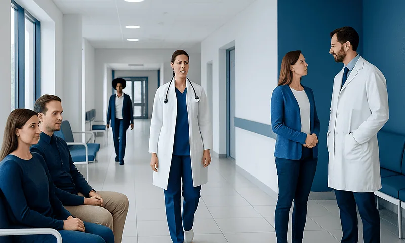 Medical team discussing patient care in hospital corridor.