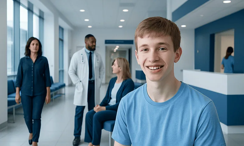Young boy smiling at the hospital waiting area with medical staff in the background.
