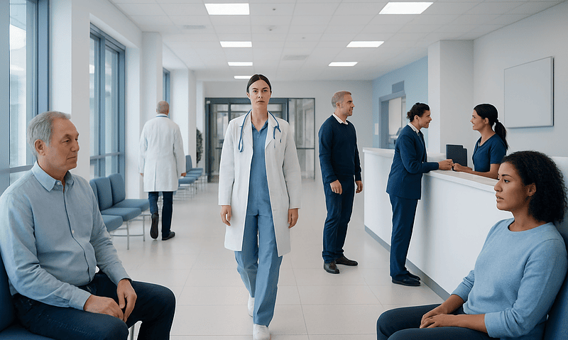 Healthcare professionals and patients in a modern hospital waiting area.