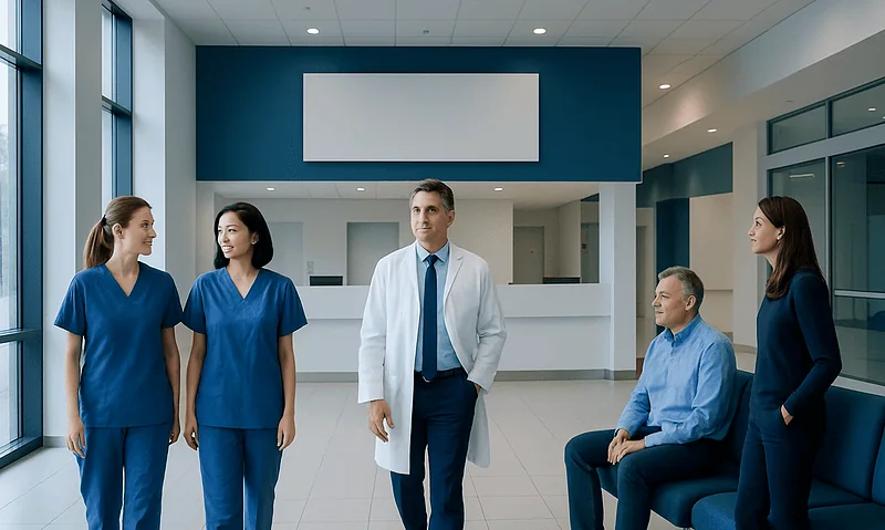 Medical team in hospital lobby with doctor and nurses.