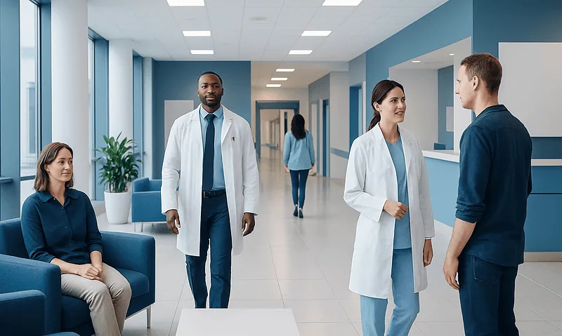 Medical team consulting in hospital corridor at Acibadem Hospitals Group.