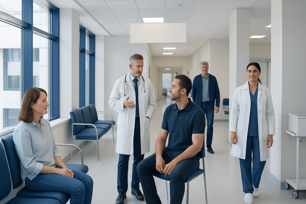 Buerger's Disease: Early Signs, Risk Factors, and How It Is Treated 1 Medical team consulting with a patient in a hospital corridor.