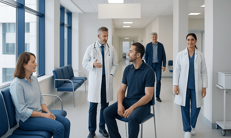 Medical team consulting with a patient in a hospital corridor.