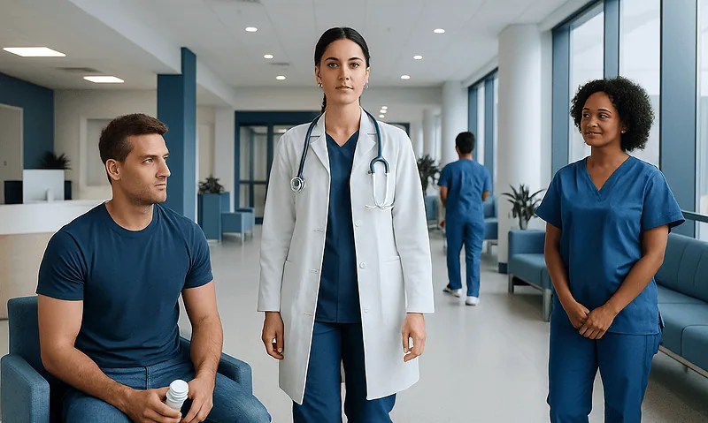 Build Muscle Tablets: A Doctor-Reviewed Guide to Uses and Safety 7 Medical team in hospital corridor with doctor and nurses in blue scrubs.