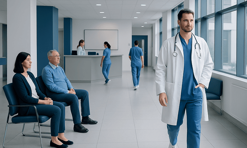 Medical professionals and patients in a modern hospital corridor.