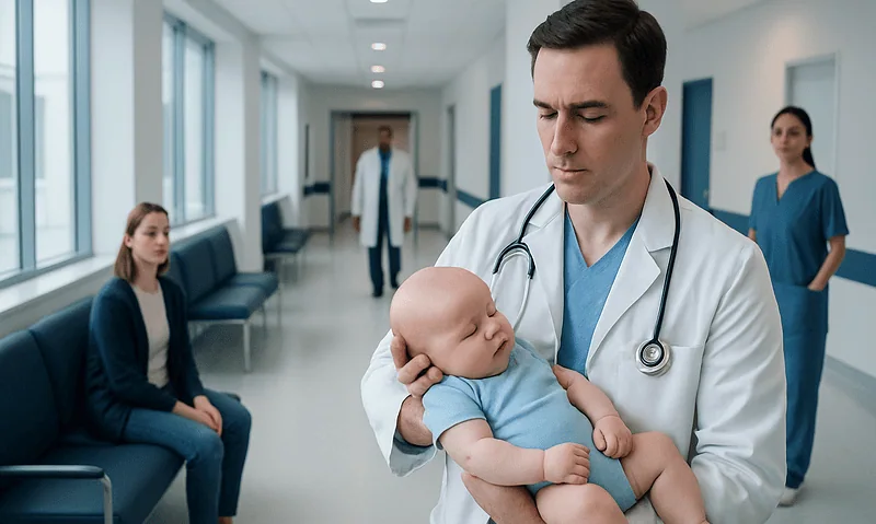 Pediatric doctor examining a baby in a hospital corridor.