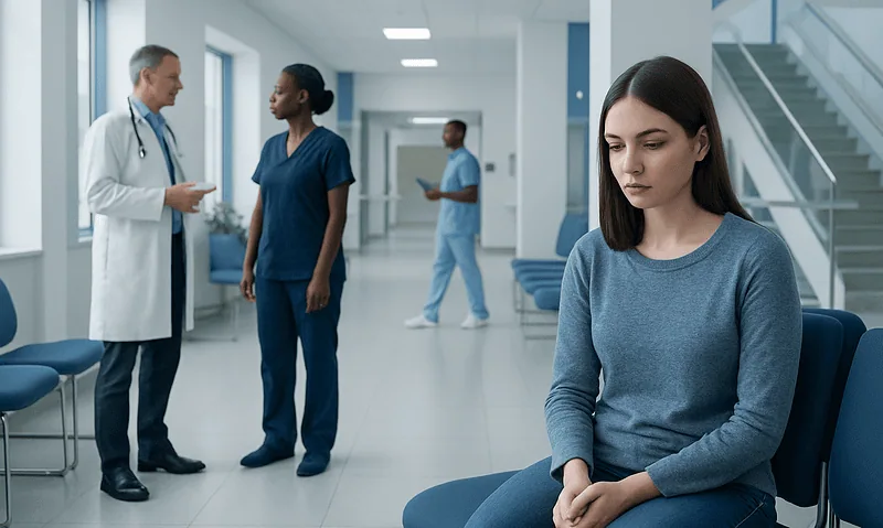 Young woman waiting in hospital corridor with medical staff in background.