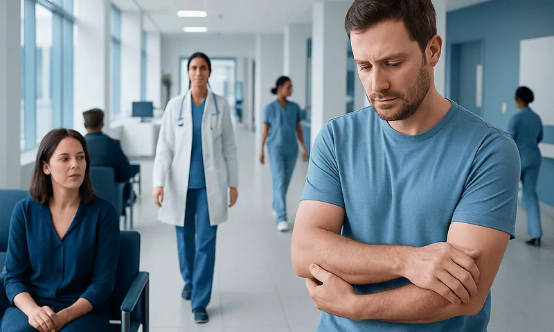Man with elbow bumps in hospital corridor, healthcare professionals in background.