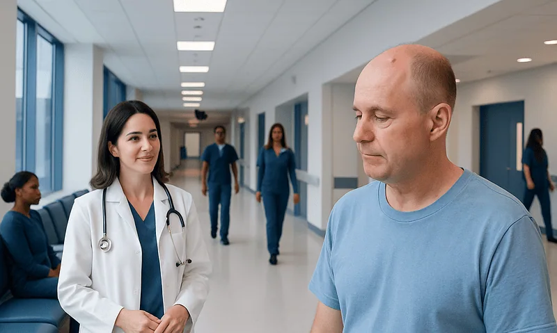 Patient consulting with doctor in hospital corridor, healthcare setting.