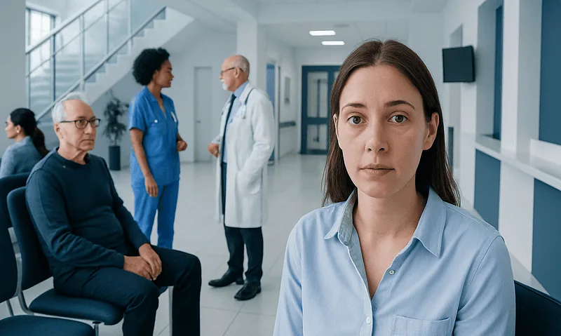 Patient with under-eye bumps in a hospital waiting area.