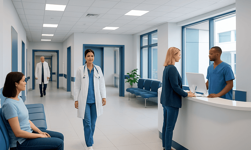 Medical staff and patients in a modern hospital reception area.