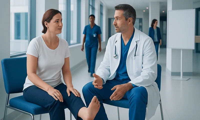 Doctor consulting with a patient in a modern hospital corridor.