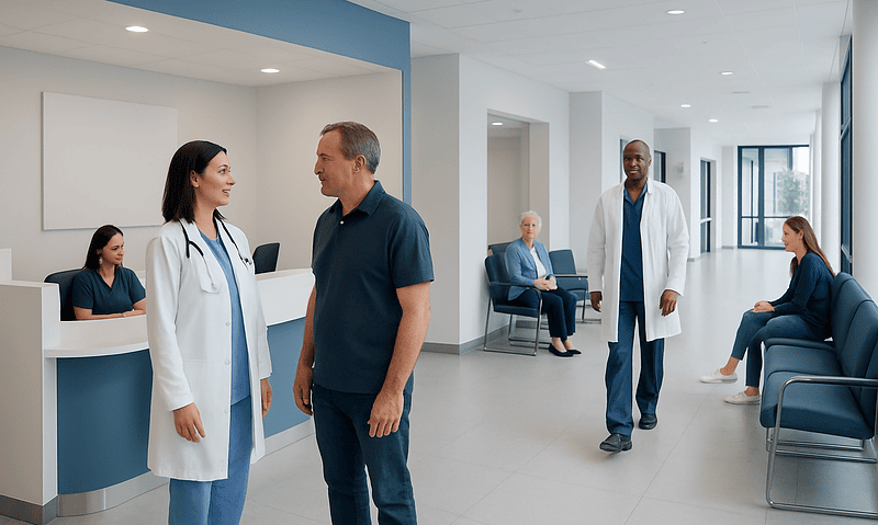Medical staff and patients in a modern hospital waiting area.