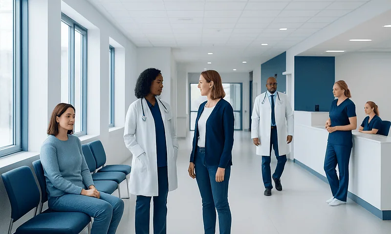Medical professionals and patient in hospital corridor at Acibadem Hospitals Group.