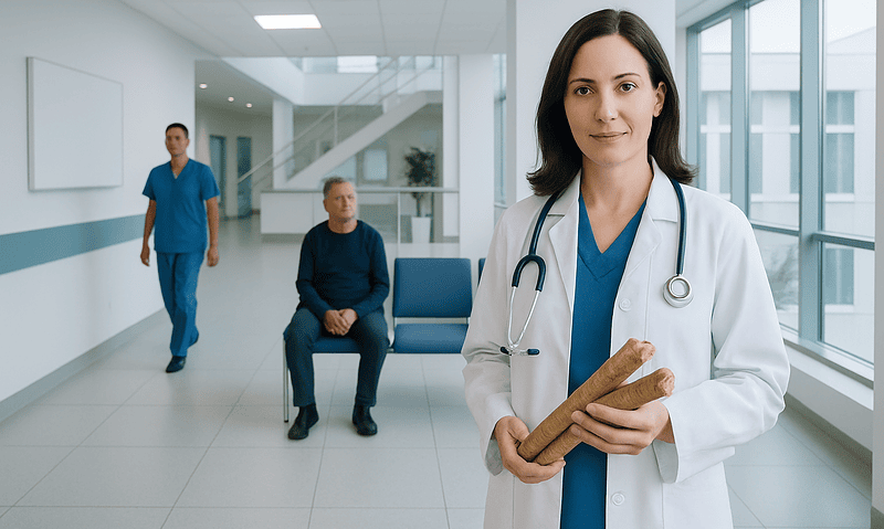 Female doctor with stethoscope and clipboard in hospital corridor.