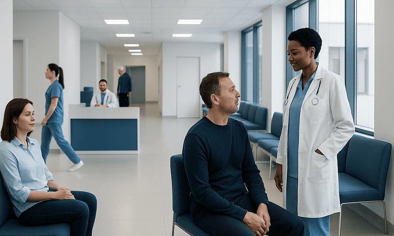 Doctor consulting with a patient in a modern hospital corridor.