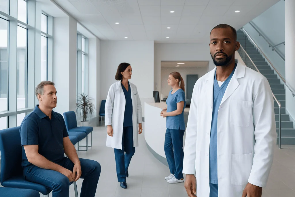 Buried Penis: A Complete Medical Overview 1 Medical consultation in a modern hospital waiting area with healthcare professionals and patient.