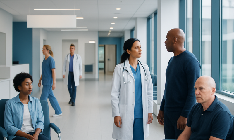 Medical staff consulting with a patient in a hospital corridor.