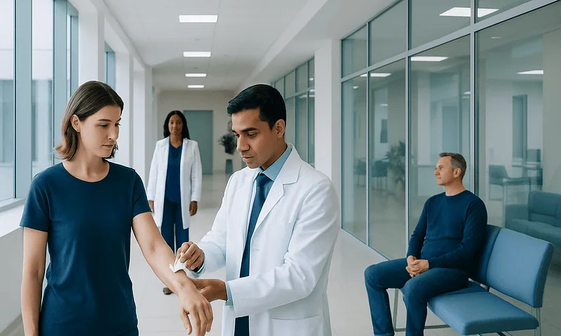 Doctor examining patient's arm in hospital corridor.