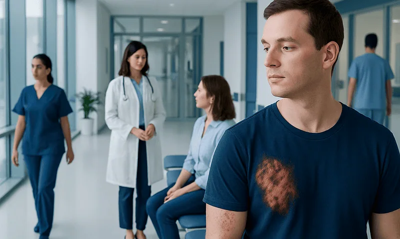 Young man with burn mark on shoulder in hospital corridor.