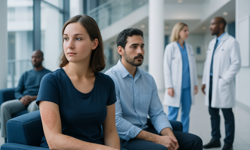 Patient with burn scars waiting in a hospital corridor at Acibadem Hospitals Group.