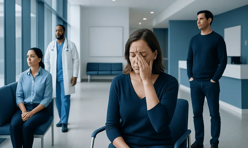 Burning Eyes: What Patients Need to Know 6 Woman with burning eyes holding her face in a hospital waiting area.