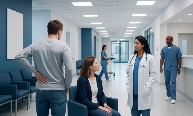 Medical consultation in a modern hospital corridor with healthcare professionals and patient.