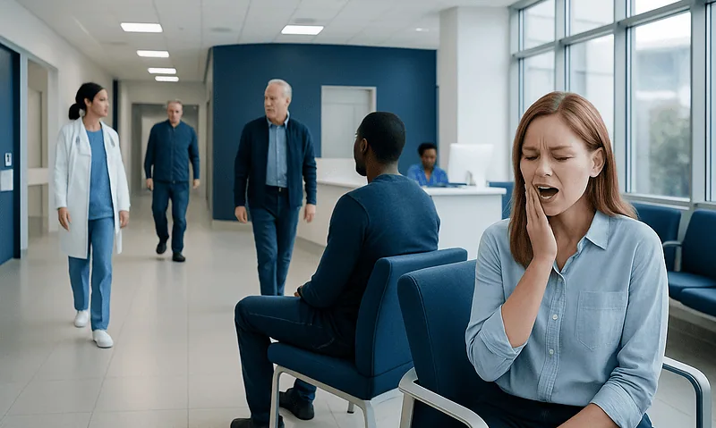 Patient experiencing mouth pain in hospital waiting area.