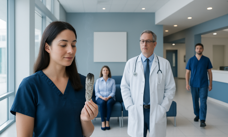 Healthcare professionals in a hospital waiting area, one holding sage.