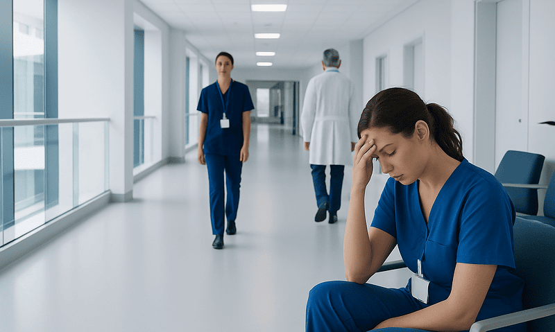 Burnout: A Complete Medical Overview 9 Healthcare professionals in a hospital corridor, one woman appears stressed.