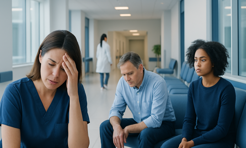 Healthcare professionals experiencing stress and burnout in a hospital setting.