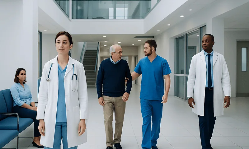 Medical team walking through hospital corridor at Acibadem Hospitals Group.