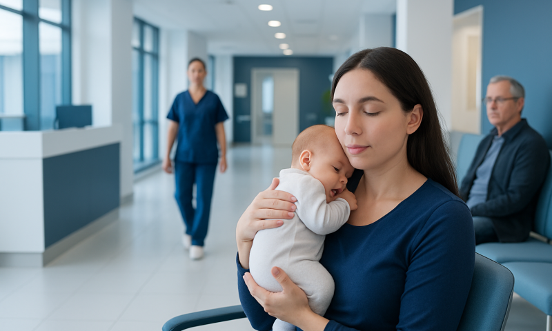 Mother holding newborn in hospital waiting area at Acibadem Hospitals.