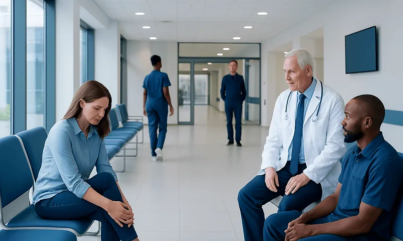 Bursitis Foot: Diagnosis, Outlook, and Modern Treatment Approaches 14 Patient consulting with doctor in hospital corridor.