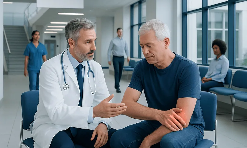 Doctor consulting with patient in hospital waiting area.